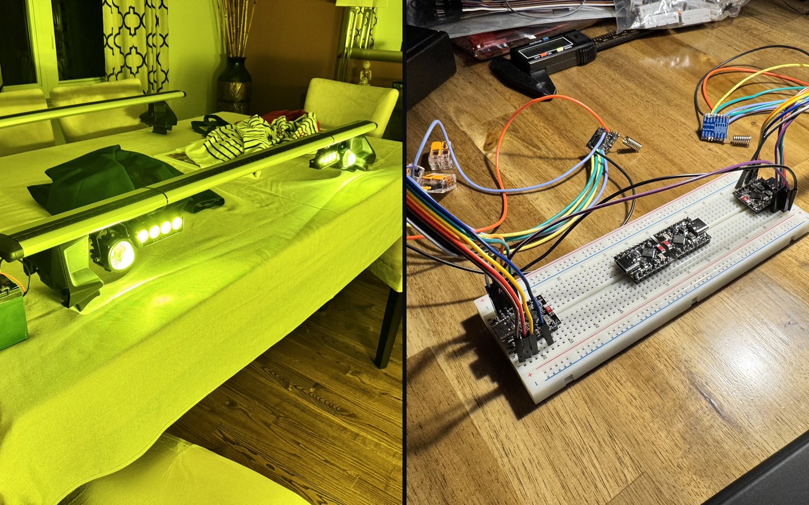 MOSFET-switched roof rack lights beside two ESP32-C3 LoRa nodes on a breadboard